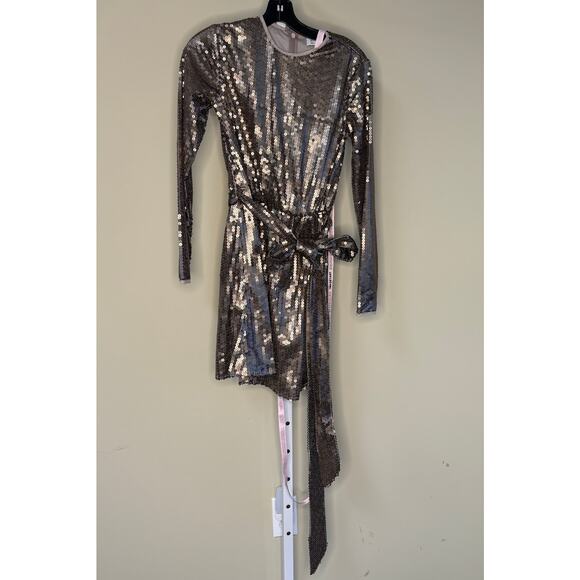 Mac Duggal NWT Sequin Tie Waist Mini Dress in Taupe Size 2 - Picture 4 of 7